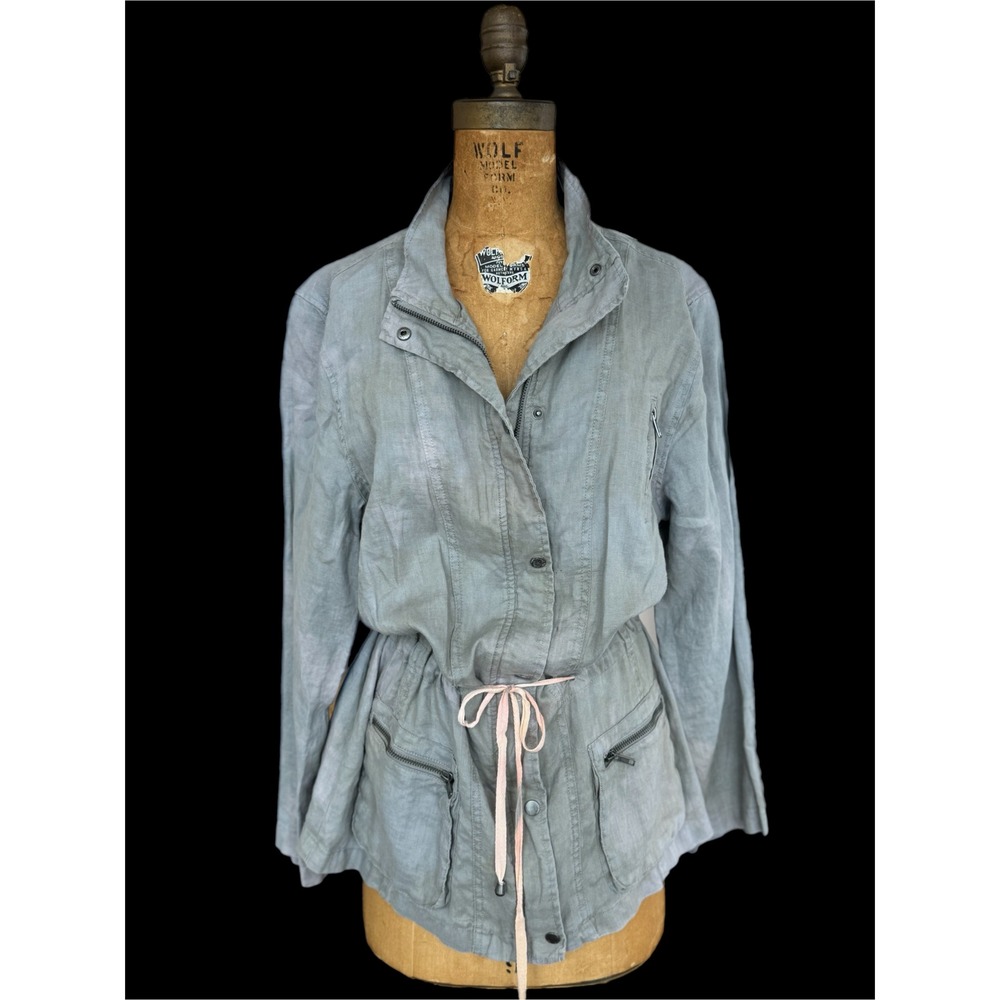 100% Linen Utility Jacket Size L – Drawstring Waist Bird Patch One of a‎ Kind - Picture 3 of 11